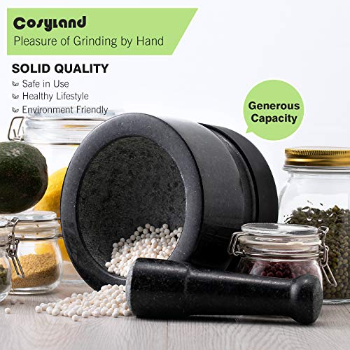 COSYLAND Mortero con Mano y Maja de Granito, Ambos Extremos Utilizables, Capacidad 2.3 Tazas/ 550ml, con 2 Cubiertas de Silicona para Alimentos Especias Hierbas Jengibre Ajo de Cocina Negro