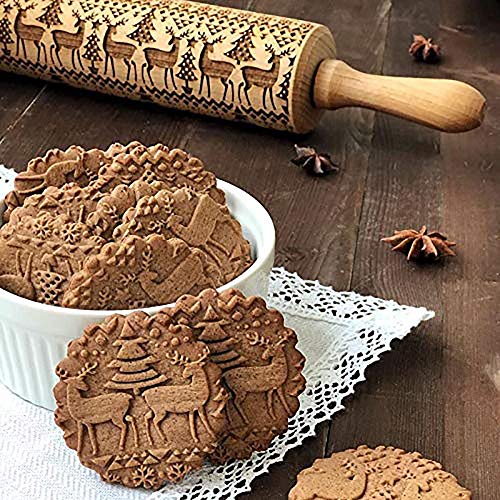 crazy bean Rodillos de Amasar Navidad Rodillo de Navidad Grabado de Madera en Relieve 3D Reno Elk Hornear Galletas Herramienta Rodillos (Alce, L - 43CM)