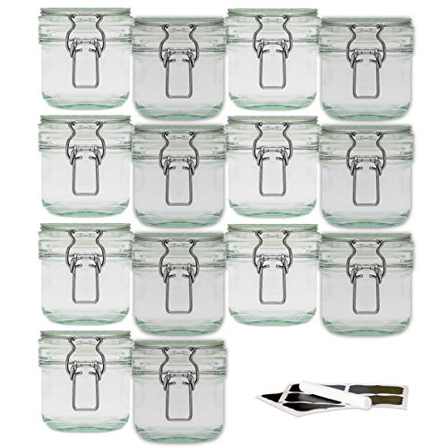 Creative Home 14 x Tarros de Cristal Herméticos con Tapa | 14 x 200ml | Set Botes Envases Cierre de Clip | para Conservar Alimentos | 16 Pegatinas Reutilizables + 1 Tiza Sin Polvo