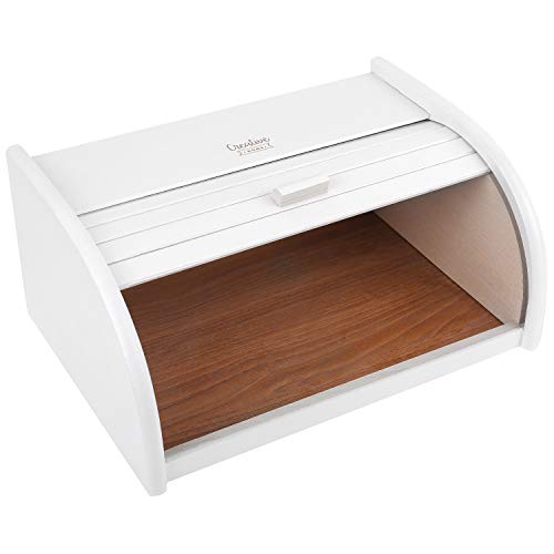 Creative Home Grande Panera Contenedor para Pan de Madera Blanco | 40 x 27,5 x 18,5 cm | Madera de Haya Natural | Recipiente con Tapa Enrollada para Guardar Bollos Alimentos Secos