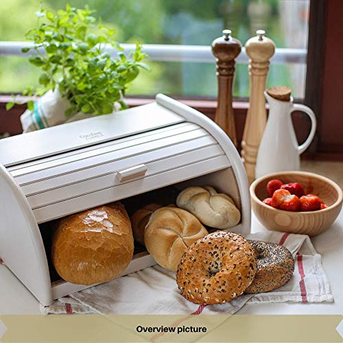 Creative Home Grande Panera Contenedor para Pan de Madera Blanco | 40 x 27,5 x 18,5 cm | Madera de Haya Natural | Recipiente con Tapa Enrollada para Guardar Bollos Alimentos Secos