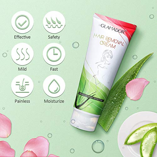 Crema Depilación Hidratante- GLAMADOR Crema Depilatoria Mujer para Pieles Sensibles- Extracto de Aloe Vera y Rosa, Depilación Suave, Tubo de 100 ml y Espátula