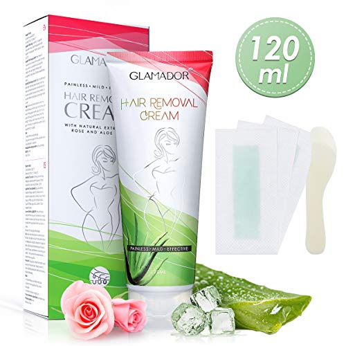 Crema Depilación Hidratante- GLAMADOR Crema Depilatoria Mujer para Pieles Sensibles- Extracto de Aloe Vera y Rosa, Depilación Suave, Tubo de 100 ml y Espátula