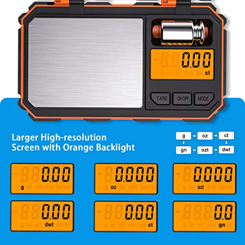 Criacr Báscula Digital de Bolsillo, (200 x 0.01g) Báscula Digitales de Precisión con Peso de Calibración de 50g, Retroiluminación LCD, 6 Unidades, Función de Tara, Acero Inoxidable-Naranja