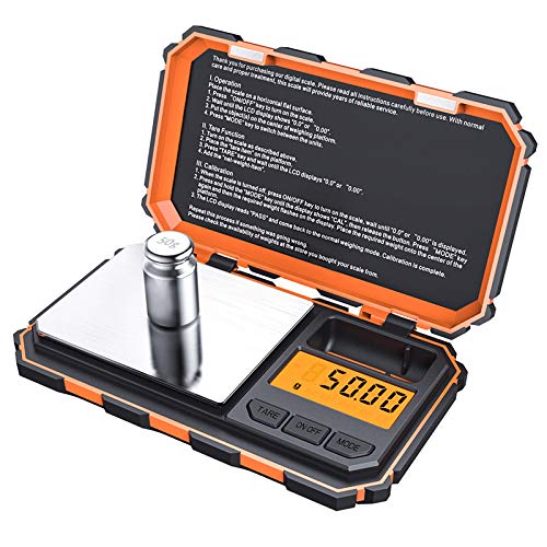 Criacr Báscula Digital de Bolsillo, (200 x 0.01g) Báscula Digitales de Precisión con Peso de Calibración de 50g, Retroiluminación LCD, 6 Unidades, Función de Tara, Acero Inoxidable-Naranja