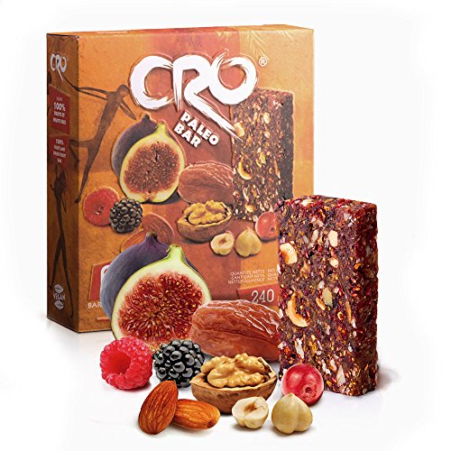 CRO PALEO BAR * PACK 4 CAJAS * Barra energética inspirada para una dieta Paleolitica * 100% natural * 24 x 40 g * Higos secos, dátiles, frutos secos y frutos rojos