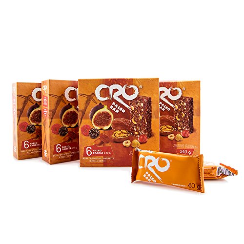 CRO PALEO BAR * PACK 4 CAJAS * Barra energética inspirada para una dieta Paleolitica * 100% natural * 24 x 40 g * Higos secos, dátiles, frutos secos y frutos rojos