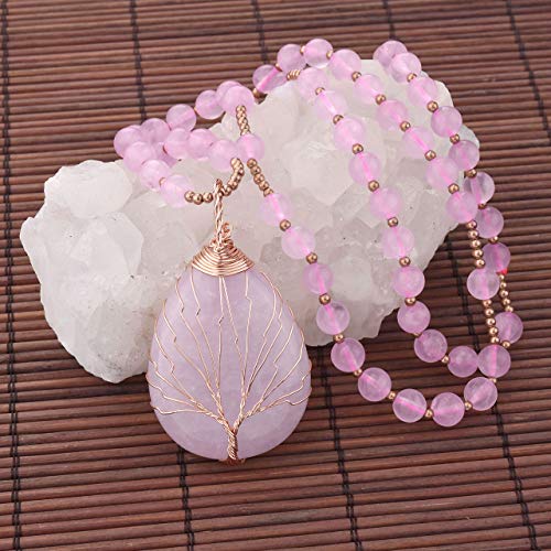 CrystalTears - Collar de perlas con colgante de lágrima ovalada, árbol de la vida, para mujer, piedra de cuarzo natural, 71 cm Rosa