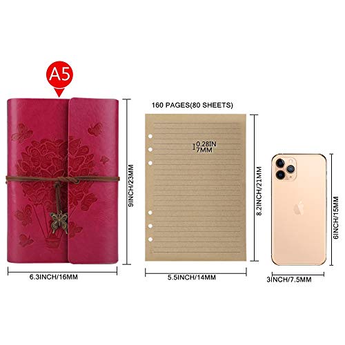 Cuaderno de piel – Diario de viaje de piel con espiral, cuaderno recargable con papel rayado, color rosa rojo A5 9.3'×6.3'