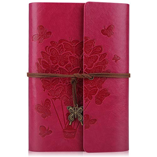 Cuaderno de piel – Diario de viaje de piel con espiral, cuaderno recargable con papel rayado, color rosa rojo A5 9.3'×6.3'