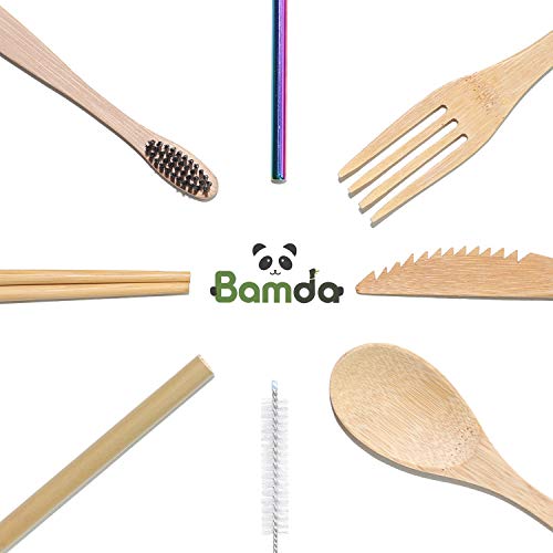 Cubiertos de Bambu Reutilizables,Cubiertos de Madera Apta para Niños y Adultos, Cubiertos para Acampar con Bolsa, Adicional con Clip de Agua Mineral y Mosquetón