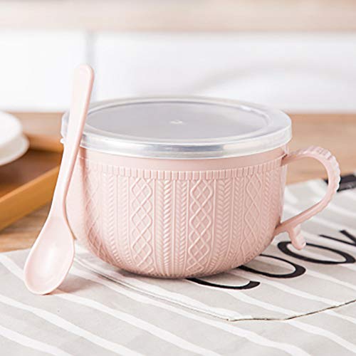 Cuenco de fideos instantáneo con tapa y asa, recipiente de acero inoxidable para alimentos, tazón para sopa, doble aislamiento, utensilios para el hogar 14*9.5cm rosa