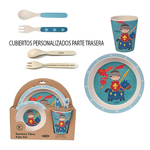 Curia Grabador Vajilla y Cubiertos Infantil de Bambu Personalizada en los Cubiertos. Set 5 Piezas (Caballero Azul)