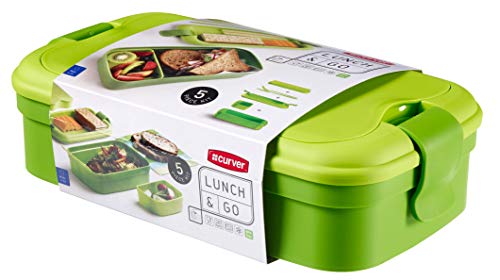 Curver - Bento hermético Hermético para Alimentos Lunch & Go 1,4L. - Con Cubiertos - 2 Compartimentos + Separador Interno - Color Verde Lima