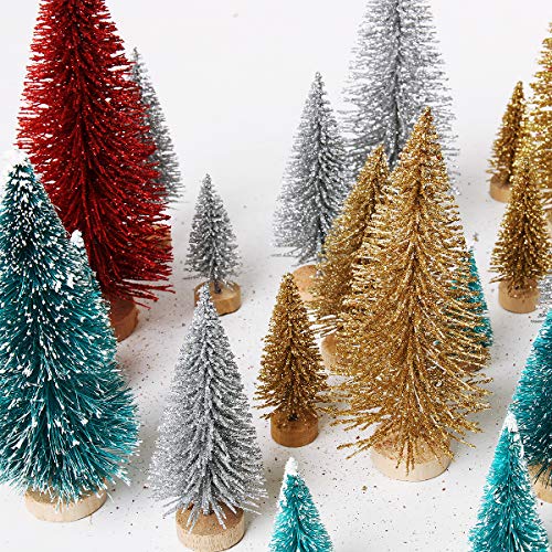 CUSFULL 26Pcs Mini Árboles de Nieve de Sisal Navideňo, Árboles de Pino Nieve Helada con Base de Madera en Miniatura, Árboles de Navidad para DIY, Decoración del Hogar, Artesanías de Mesa