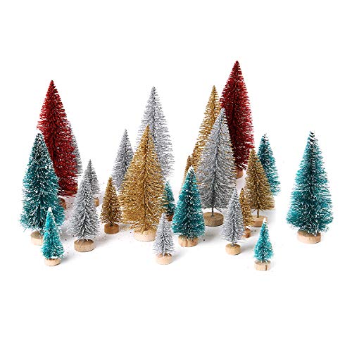 CUSFULL 26Pcs Mini Árboles de Nieve de Sisal Navideňo, Árboles de Pino Nieve Helada con Base de Madera en Miniatura, Árboles de Navidad para DIY, Decoración del Hogar, Artesanías de Mesa