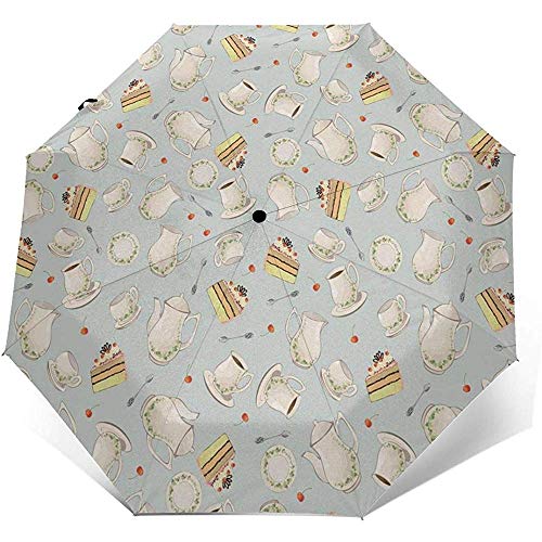 Cy-ril-Automatic tri-fold umbrella Paraguas tríptico automático Cafetera Tetera Cucharas Placas Impresión A Prueba de Viento Compacto Apertura automática Paraguas de 3 Pliegues