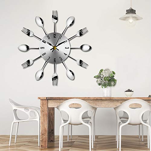 Cyalla Breve Moderno Reloj De Pared Grande Reloj De Pared De Acero Inoxidable Cuchara Mágica Tenedor Aguja De Cuarzo Reloj 3D Sala De Estar Decoración para El Hogar 32 * 32 Cm