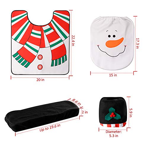 D-FantiX Juego de fundas y alfombras para asiento de inodoro con muñeco de nieve de 4 piezas, rojo, decoración navideña, baño