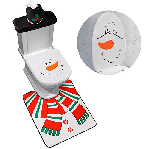 D-FantiX Juego de fundas y alfombras para asiento de inodoro con muñeco de nieve de 4 piezas, rojo, decoración navideña, baño