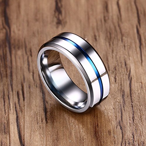 Daesar Anillo de Acero Inoxidable para Hombre Anillos 8MM Anillo Azul Rayas Plata Anillos con Grabado Gratis Anillo Talla 22