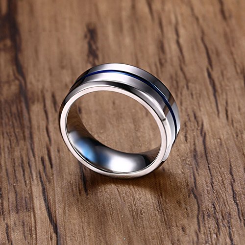 Daesar Anillo de Acero Inoxidable para Hombre Anillos 8MM Anillo Azul Rayas Plata Anillos con Grabado Gratis Anillo Talla 22