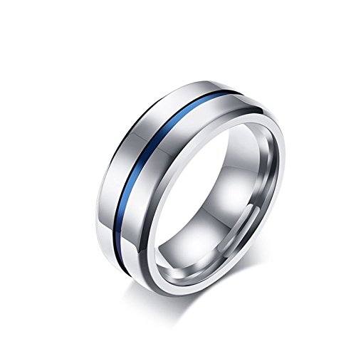 Daesar Anillo de Acero Inoxidable para Hombre Anillos 8MM Anillo Azul Rayas Plata Anillos con Grabado Gratis Anillo Talla 22