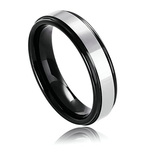 Daesar Joyería Anillo Acero de Tungsteno Hombre de Ajuste Cómodo Acabado de Dos Piedras del Hilador Redondo Forma Plata Negro Talla 15