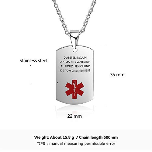 DaMei Colgante Hombre Personalizado Alerta Médica Placa Colgante Etiqueta de Perro Militar Hombre Collar Chapas Militares Personalizadas Grabado Personalizado