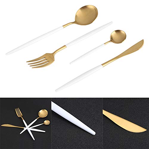 DaMohony Vajilla Set Acero Inoxidable Color Cuchara Tenedor Cuchillo Vajilla (Blanco + Dorado 4Pcs / Set)