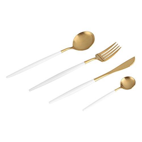 DaMohony Vajilla Set Acero Inoxidable Color Cuchara Tenedor Cuchillo Vajilla (Blanco + Dorado 4Pcs / Set)