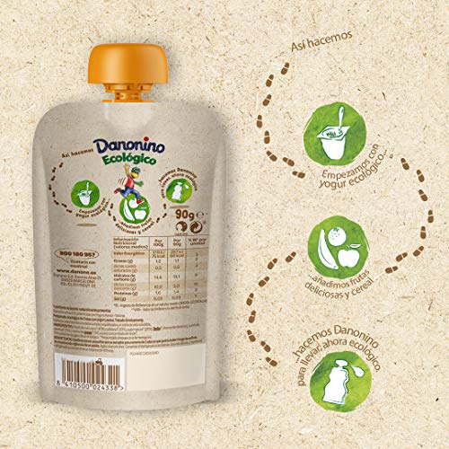 Danonino Pouch sin azúcares añadidos: Alimento Infantil Ecológico Con Naranja, Manzana Y Plátano - 12 Unidades de 90g