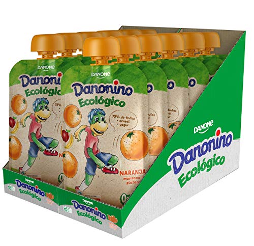 Danonino Pouch sin azúcares añadidos: Alimento Infantil Ecológico Con Naranja, Manzana Y Plátano - 12 Unidades de 90g