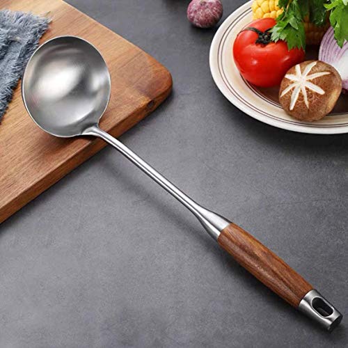 Dasorende Cucharón para Sopa, Cucharón De Acero Inoxidable 304 Cuchara Wok Herramientas con Manejar De Madera Largo Resistente Al Calor, Plateado / 14,6 Pulgadas