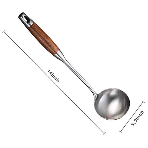 Dasorende Cucharón para Sopa, Cucharón De Acero Inoxidable 304 Cuchara Wok Herramientas con Manejar De Madera Largo Resistente Al Calor, Plateado / 14,6 Pulgadas