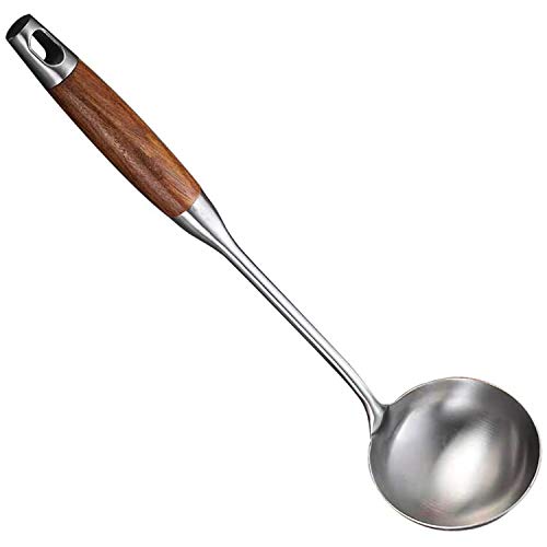 Dasorende Cucharón para Sopa, Cucharón De Acero Inoxidable 304 Cuchara Wok Herramientas con Manejar De Madera Largo Resistente Al Calor, Plateado / 14,6 Pulgadas