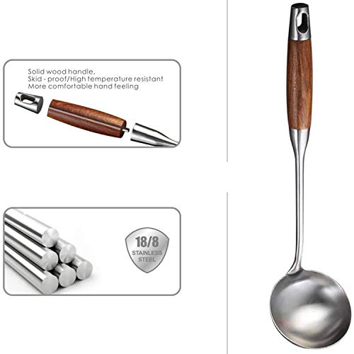 Dasorende Cucharón para Sopa, Cucharón De Acero Inoxidable 304 Cuchara Wok Herramientas con Manejar De Madera Largo Resistente Al Calor, Plateado / 14,6 Pulgadas