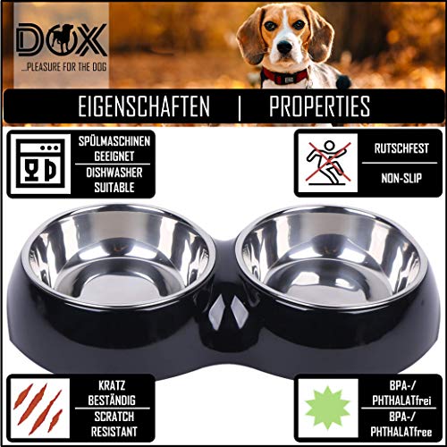 DDOXX Comedero Doble Perro, Antideslizante | Muchos Colores y Tamaños | para Perros Pequeño, Mediano y Grande | Bol Accesorios Acero INOX-Idable Melamina Gato Cachorro | Negro, 2 x 160 ml