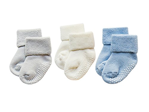 DEBAIJIA 3 Pares De Bebé Calcetines de Algodón Antideslizante Grueso Recién Nacidos 12-36 Meses para Niños Niñas 3 Colores Gris/Blanco/Azul