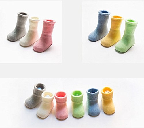 DEBAIJIA 3 Pares De Bebé Calcetines de Algodón Antideslizante Grueso Recién Nacidos 12-36 Meses para Niños Niñas 3 Colores Gris/Blanco/Azul