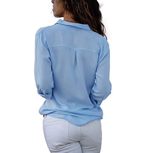 Decai Camisa Mujeres Blusa Casual Cuello V Camiseta Túnica Color Puro Camisa de Gasa Mangas Largas para Mujer Sexy Camisetas Tops Azul 36-38 EU