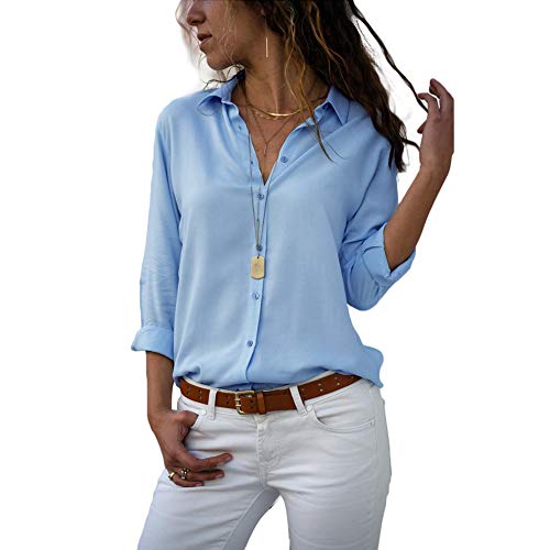 Decai Camisa Mujeres Blusa Casual Cuello V Camiseta Túnica Color Puro Camisa de Gasa Mangas Largas para Mujer Sexy Camisetas Tops Azul 36-38 EU