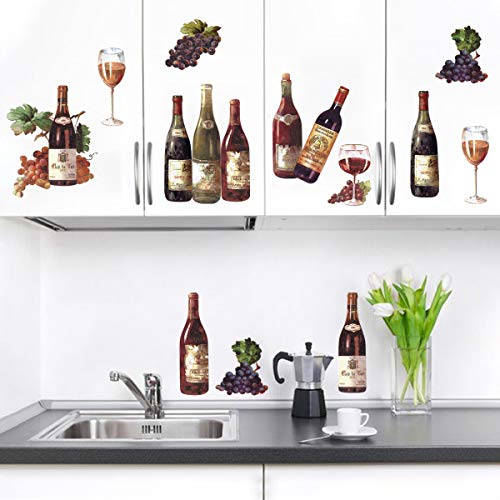 decalmile Pegatinas de Pared Cocina Botella De Vino Vinilos Decorativos Uva Fruta Adhesivos Pared Comedor Sala Salón Armario