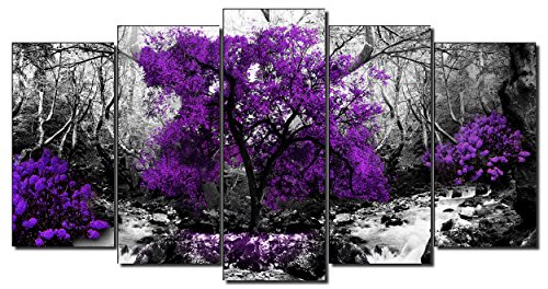 DekoArte 289 - Cuadros Modernos Impresión de Imagen Artística Digitalizada | Lienzo Decorativo para Salón o Dormitorio | Estilo Naturaleza Blanco y Negro Árboles Morados Violetas | 5 Piezas 150x80cm