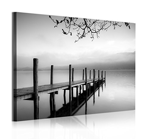 DekoArte 313 - Cuadros Modernos Impresión de Imagen Artística Digitalizada | Lienzo Decorativo para Salón o Dormitorio | Estilo Zen Blanco y Negro con Paisaje de Agua Embarcadero | 1 Pieza 120x80cm