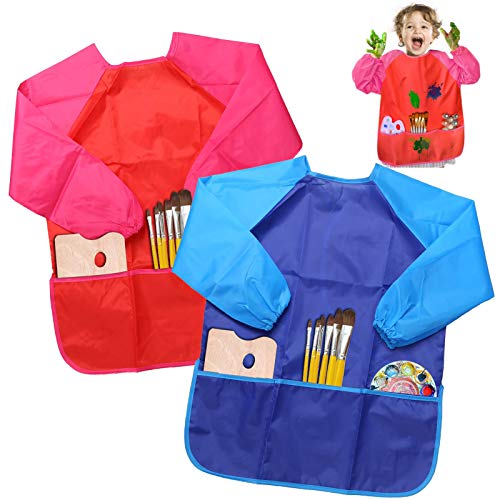 Delantales de Niños, BELLESTYLE 2 Pack Delantal para Cocina y la Pintura para 3-6 Años Niños (Azul and Rojo) (Blue and Red)