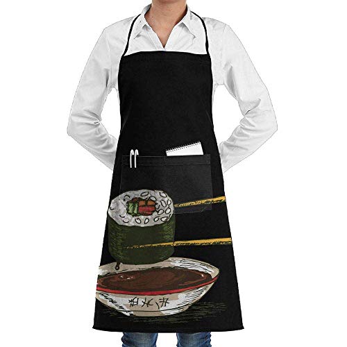 Delantales de parrilla Babero de chef de cocina Sushi japonés con palillos Delantales de cocina de cocina con 2 bolsillos para mujeres y hombres Delantal con correa para el cuello ajustable - Corbatas