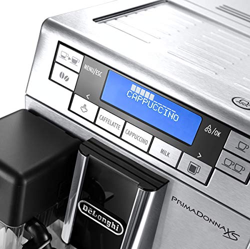 De'Longhi PrimaDonna XS Deluxe - Cafetera Superautomática con 15 Bares de Presión, Espresso y Cappuccino, Muy Estrecha 19.5 cm, Pantalla Digital, Personalización Cafés, 1450 W, ETAM 36.365.MB, Plata