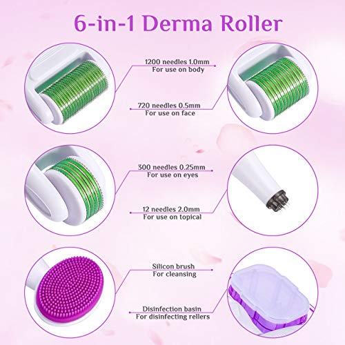 Dermaroller, Winpok 6 en 1 Derma Roller, Derma roller, Ideal para tratar cara, Anti-Edad, Antiarrugas, rodillo facial titanio, por Ojos, Cara, Cuerpo (verde)