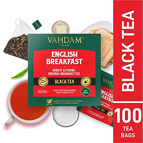 Desayuno Inglés Té Negro (100 Bolsitas De Té) | ALTA ENERGÍA Y CAFEÍNA - Reemplazo de café saludable | Bolsas de té negras fuertes, robustas y con sabor | ANTIOXIDANTES RICOS